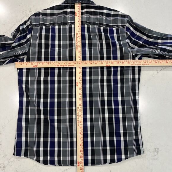 Zagiri Mens L Purple Black Plaid Button Up Flip Cuffs Embroidered Stich Shirt - Picture 3 of 11